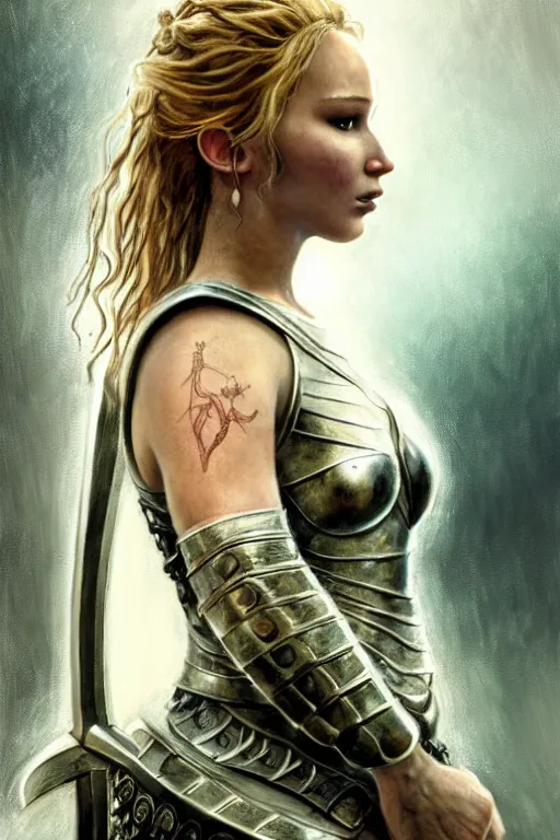 Prompt: jennifer lawrence, legendary warrior, heroic fighter, lord of the rings, tattoos, decorative ornaments, battle armor, omar ortiz, carl spitzweg, ismail inceoglu, vdragan bibin, hans thoma, greg rutkowski, alexandros pyromallis, perfect face, sharply detailed, centered, rule of thirds, realistic shading, photorealism