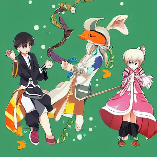 Prompt: duck with a fish custome anime trending illustration official art