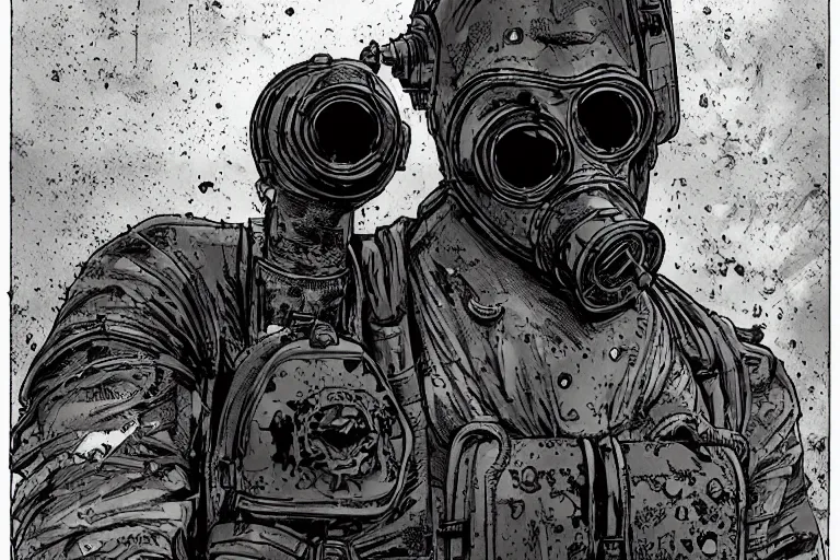 Prompt: comic book art by Dave Gibbons, 8K UHD: ( background = gasolinepunk city+ background detail = gasolinepunk architecture, high detailed, large depth of field) + (subject= dieselpunk WW1 soilder + subject detail= gas mask, dirty armored suit , muddy, cool pose, accurate body features, high level body suit, high detailed light refraction , high level texture render)