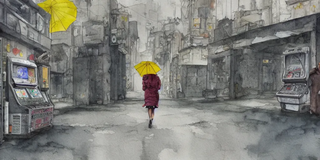 Image similar to deserted dusty junk town, a girl with a parka and a yellow parasol is running, broken vending machines, scene from the movie Ghost in the shell, watercolor, ultrawide