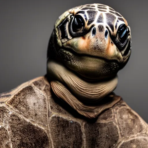 Prompt: Turtle as a human, 4K, product shoot, indoor lighting, good composition