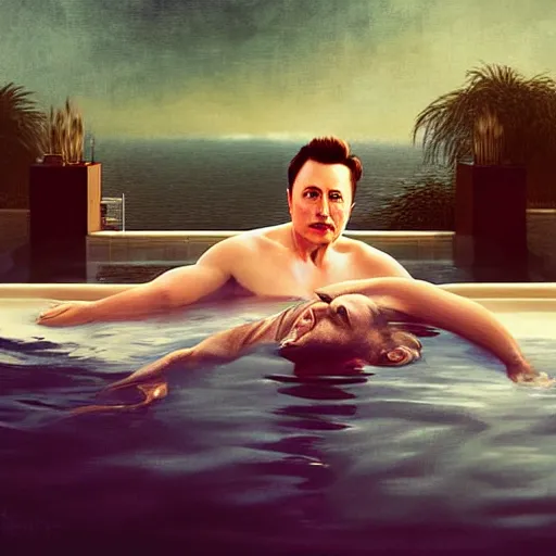 Image similar to UHD photorealistic Elon Musk and Dagon in a hot tub, in the style of tonalism by Greg Rutkowski, trending on Artstation, hyperrealistic, correct details, symmetrical faces