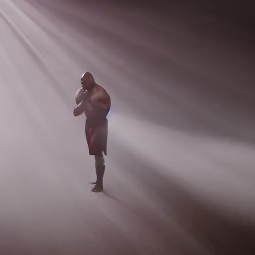 Image similar to a still of mike tyson, cinematic, 4 k, god rays through fog