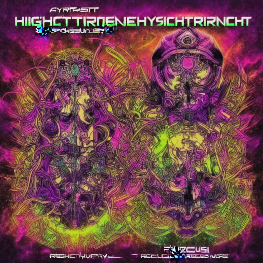 Image similar to a hightech psytrance album covervdesigned by rustypsyfly fir blackout records