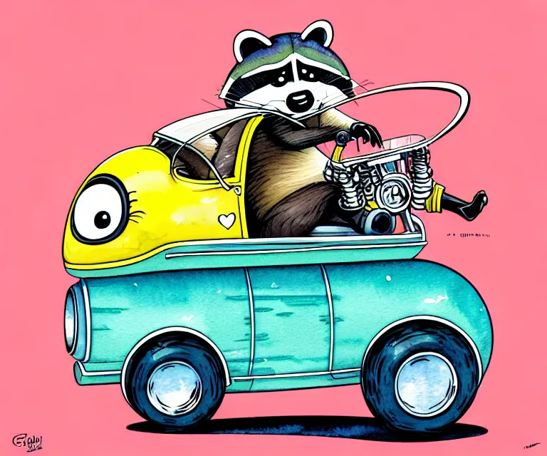 Prompt: cute and funny, racoon wearing a helmet riding in a tiny hot rod with oversized engine, ratfink style by ed roth, centered award winning watercolor pen illustration, isometric illustration by chihiro iwasaki, edited by range murata, symmetrically isometrically centered