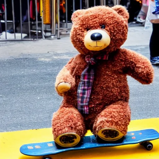 Image similar to a teddy bear on a skateboard in times square