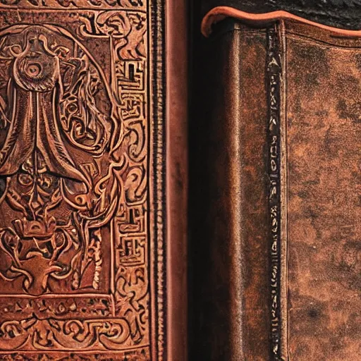 Prompt: a closeup of a closed book sitting on a desk, the cover is ornately carved leather, beside the book is an ancient scroll, dark, single light, vignette, magic, fantasy