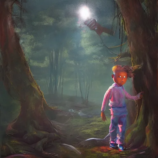 Prompt: a cinematic detailed painting of a black kid in the woods, volumetric light, surrealism, highly detailed, realistic, retro, in the style of francis bacon and james jean, trending on artstation