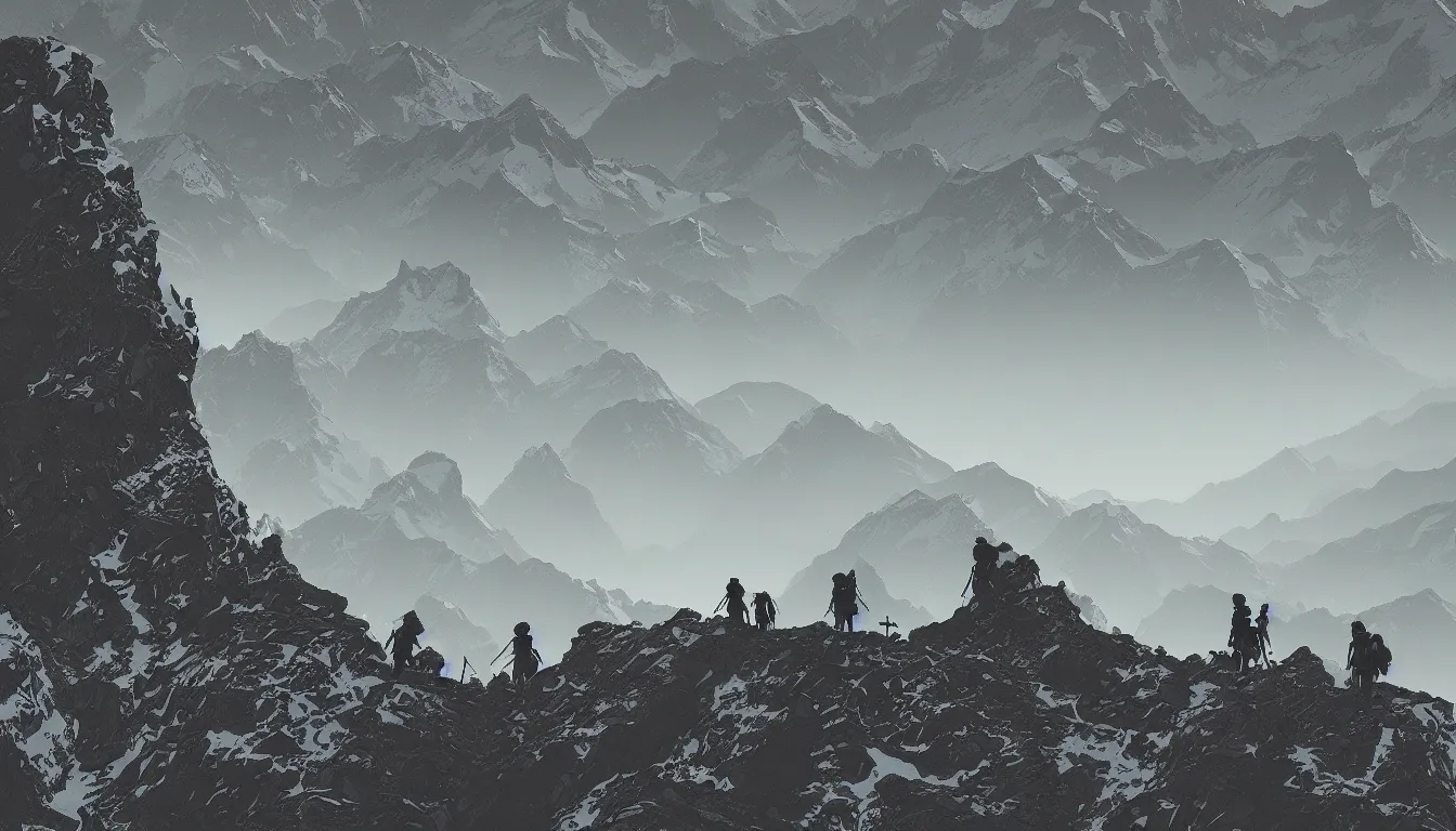 Prompt: a bunch of hikers going up a mountain, view from above, kilian eng, silhouettes