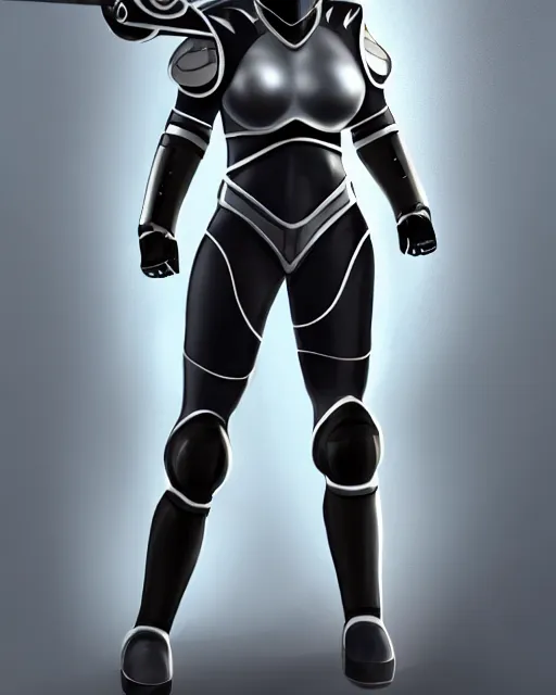 Prompt: concept art of a thicc female futurstic warrior, wearing a futuristic white helmet, futurstic black body smooth slim fitted armor, sleek design, aerodynamic design, holding a large futurstic robotic bow, full body image | | epic - fine - clean, polished, trending on artstation, brush strokes