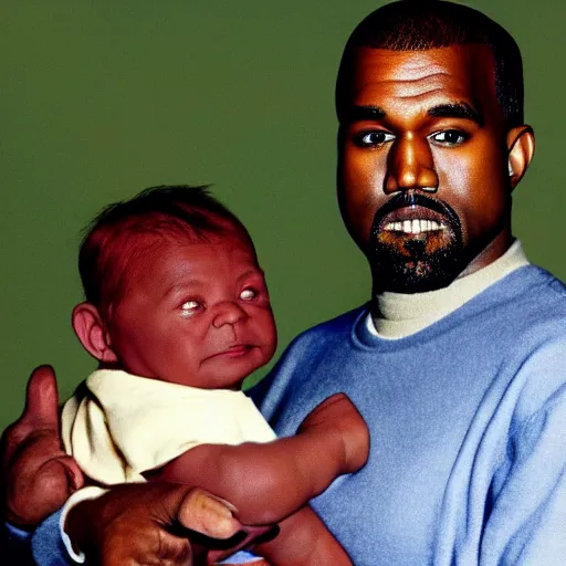 Prompt: kanye west smiling and holding holding baby yoda for a 1 9 9 0 s sitcom tv show, studio photograph, portrait c 1 2. 0