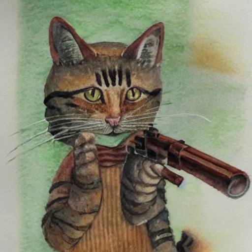 Image similar to an anthropomorphic cat using a sniper rifle to hunt a mouse. watercolor.