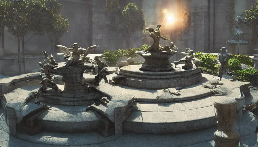 Image similar to craig mullins illustration of an art deco sculpture of the sun on top of a fountain in a garden, unreal engine, hyper realism, realistic shading, cinematic composition, realistic render, octane render, detailed textures, photorealistic, wide shot
