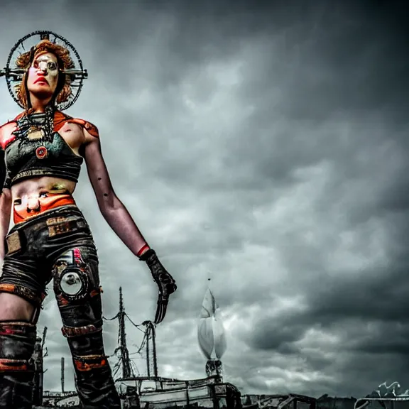 Prompt: full length photo of a very beautiful female atompunk warrior, 8 k, hdr, smooth, sharp focus, high resolution, award - winning photo