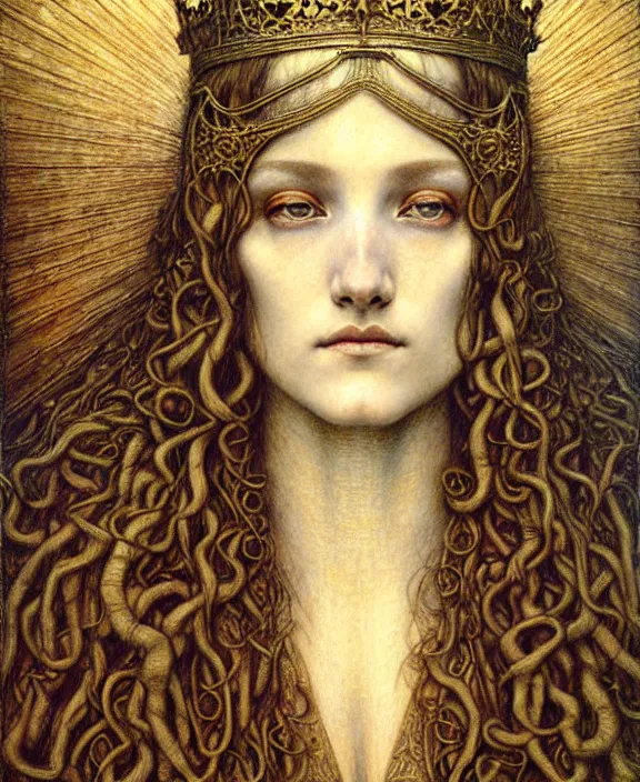 Image similar to detailed realistic beautiful young medieval queen face portrait by jean delville, gustave dore and marco mazzoni, art nouveau, symbolist, visionary, gothic, pre - raphaelite. horizontal symmetry