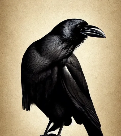 Prompt: portrait of a beautiful crow sitting upon a table with heightened detail, detailed facial expression, detailed surroundings, elegant, highly detailed, centered, digital painting, artstation, concept art, smooth, sharp focus, illustration, by ( leonardo da vinci ), wlop