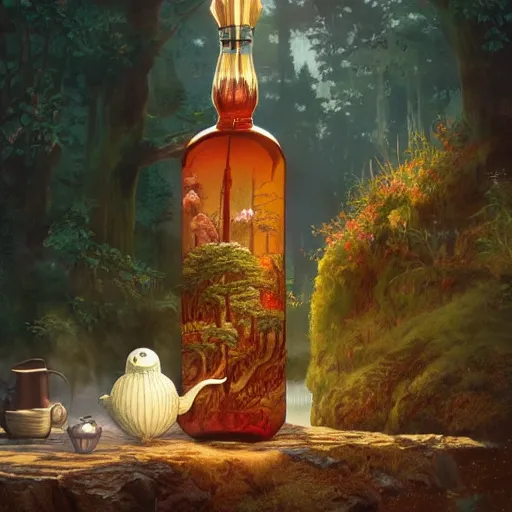 Image similar to a beautiful landscape contained inside an ornate vintage bottle by charles vess, studio ghibli & james gurney, artstation, 8 k, beautiful light, hyperrealism, studio photography