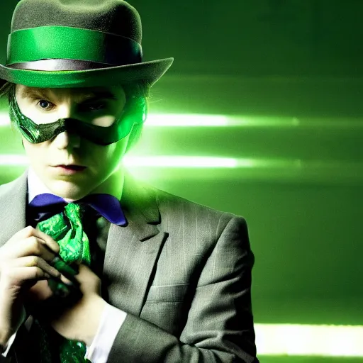 Image similar to film still of Paul Dano as Riddler in a green suit and tie and green fedora in The Batman, 4k, dark lighting, film noir, grainy, dark tone