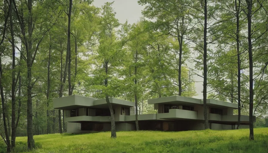 Image similar to modern house on a green hill between trees, frank lloyd wright, simon stalenhag