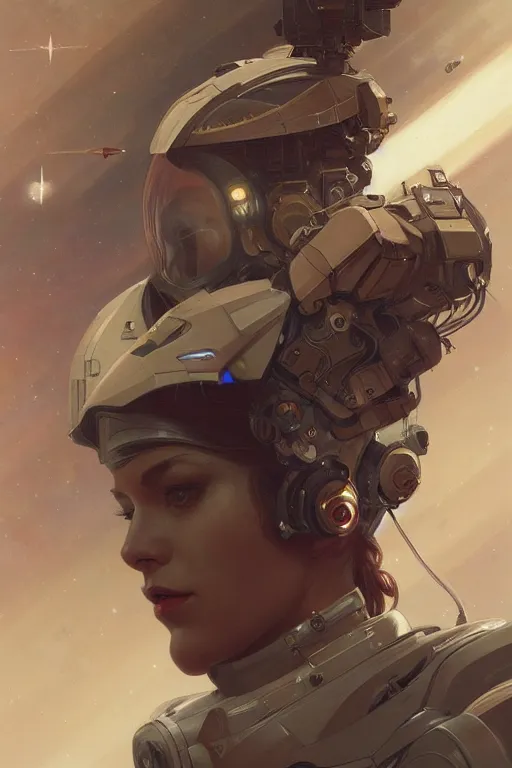 Image similar to A full portrait of a scifi heavy deep space fighter pilot, intricate, elegant, highly detailed, digital painting, artstation, concept art, smooth, sharp focus, illustration, art by Krenz Cushart and Artem Demura and alphonse mucha