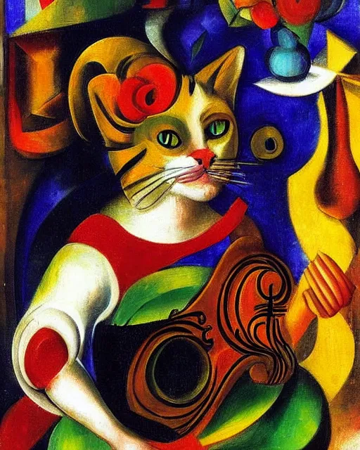 Prompt: baroque portrait of a anthropomorphic cat playing a lute, garden with flowers, digital art, award winning, cubism, by franz marc