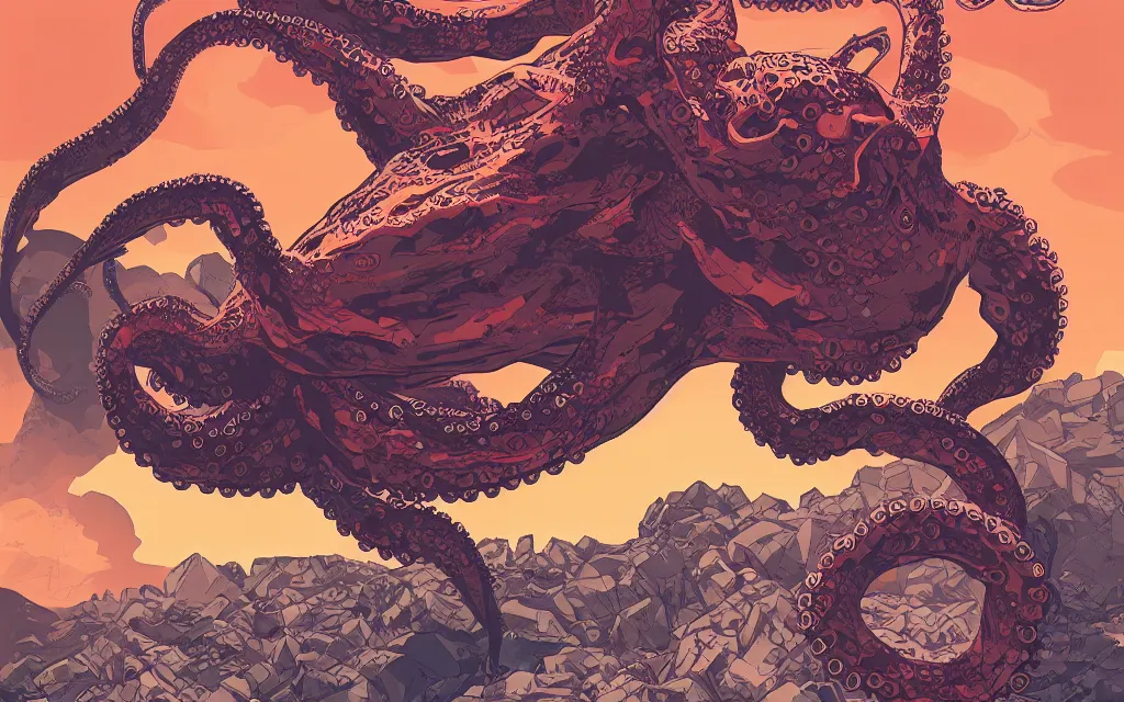 Prompt: biomechanical octopus, flying above volcano, in the style of ilya kuvshinov and laurie greasley, dynamic composition, dramatic lighting, ultra detailed, nitro colors