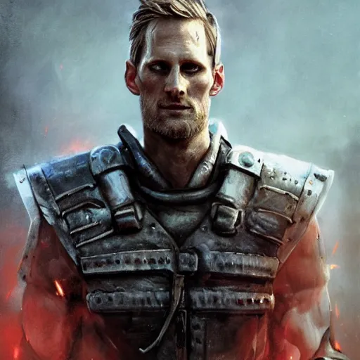 Prompt: alexander skarsgard portrait, dystopia core, apocalyptic, armor, warrior, dramatic, sharp focus, fiction, neon, fantasy, hyper detailed, digital art, trending in artstation, cinematic lighting, studio quality, smooth render, unreal engine 5 rendered, octane rendered, art style and nixeu and wlop and krenz cushart