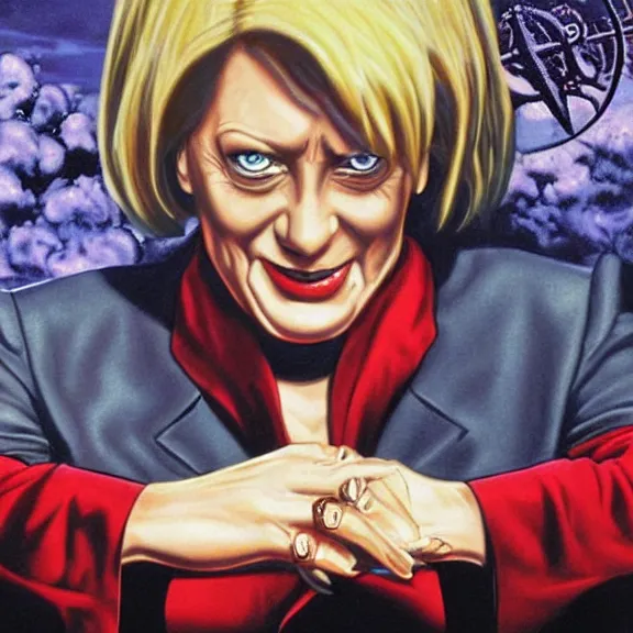 Prompt: angela merkel is alucard in hellsing, airbrush art, drew struzan illustration art, key art, movie poster