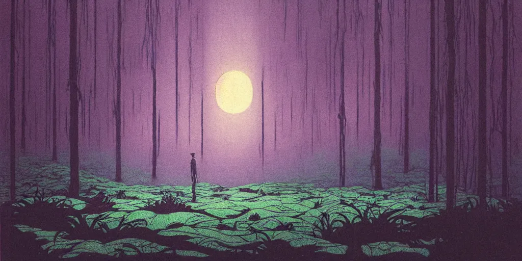 Prompt: grainy risograph matte painting, gigantic huge evangelion - like giant robot's feet covered with wounds, black, a lot of exotic vegetation, trees, flowers, tall grass, pastel matte colors, staying in the foggy huge dark night forest covered with web and cotton and a lot of glow - worms, by moebius, hyperrealism, intricate detailed