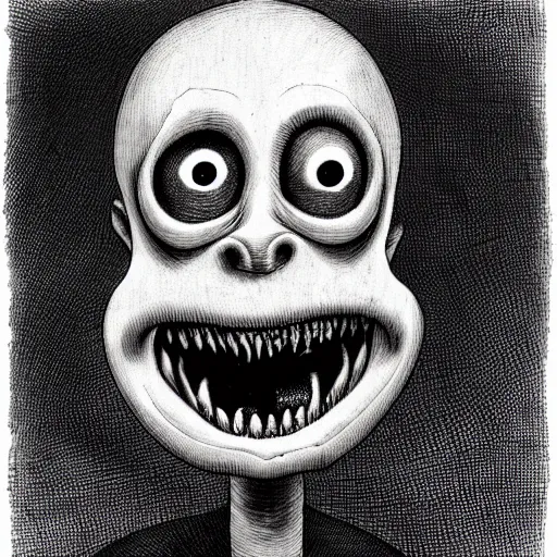 Image similar to humanoid with crooked teeth, black eyes, gaping mouth, alien looking, big forehead, horrifying, killer, creepy, dead, monster, tall, skinny, open mouth, skullish, deathly, in the style of alfred kubin