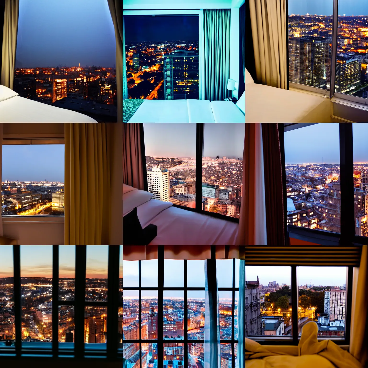 Prompt: view from dark dark hotel room with small window, curtains pulled open, late at night night from a tall hotel overlooking a big city