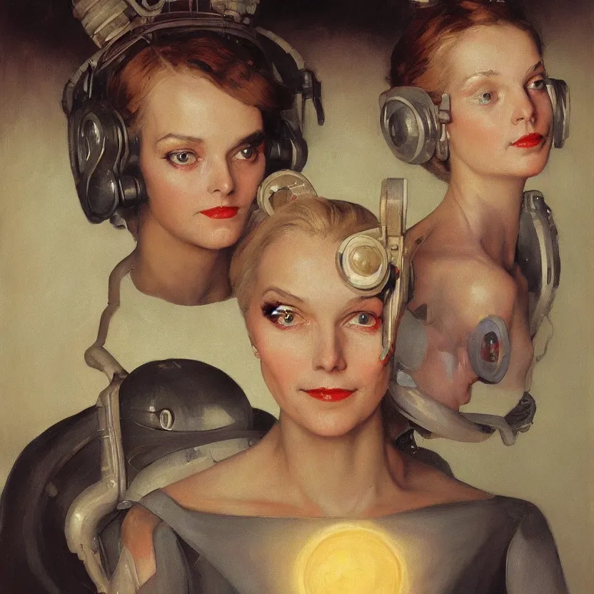 Prompt: portrait painting of an elegantly beautiful alien woman with big glowing eyes, by norman rockwell. muted colors, soft gradients. dark background. trending on artstation. retrofuturism.