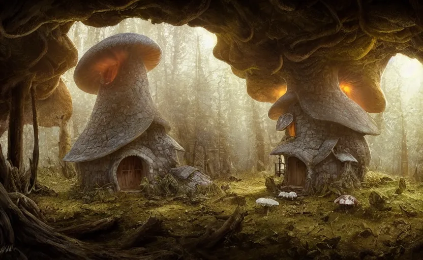 Prompt: A mushroom house in a tall mushroom, small door and windows in the mushroom, warm light coming from the windows, in a dark forest, macro, cool tones, underexposed, overecast, mysterious matte painting by greg rutkowski and marc simonetti and Ivan Shishkin, 4k