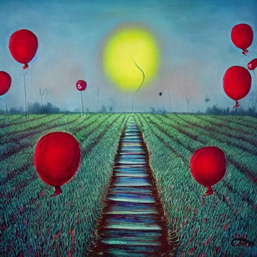 Image similar to grunge painting of a cornfield with a wide smile and a red balloon by chris leib, loony toons style, pennywise style, corpse bride style, horror theme, detailed, elegant, intricate, conceptual, volumetric light