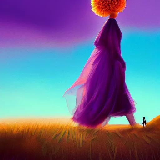 Image similar to portrait, giant purple dahlia flower head, girl walking between dunes, surreal photography, sunrise, blue sky, dramatic light, impressionist painting, digital painting, artstation, simon stalenhag