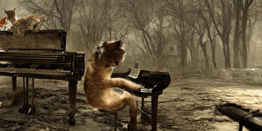 Prompt: cat playing piano in a post apocalyptic world, cinematic and very detailed, 8k hdr