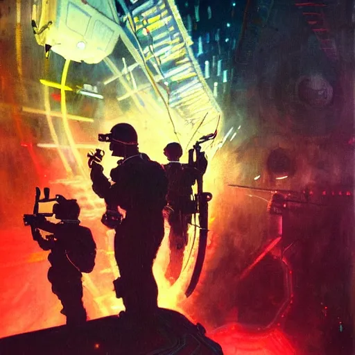 Image similar to a dark and colorful close - up of a sci - fi 4 th - of - july independence day with led lights glowing fog in the background. highly detailed science fiction painting by norman rockwell, frank frazetta, and syd mead. rich colors, high contrast, gloomy atmosphere, dark background. trending on artstation