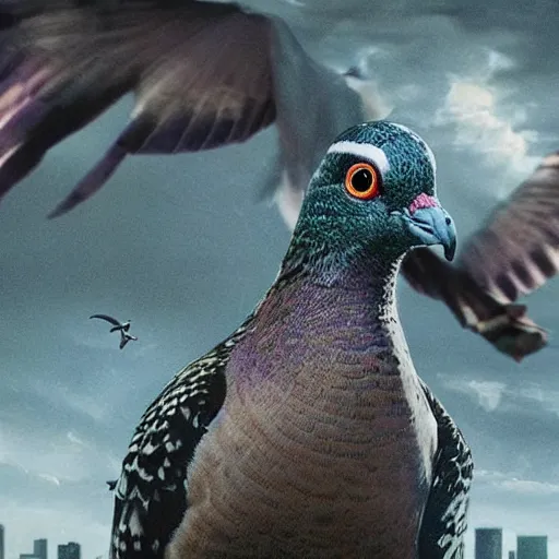 Image similar to Stunning Hyperealistic portrait of a pigeon as Godzilla destroying Sydney city