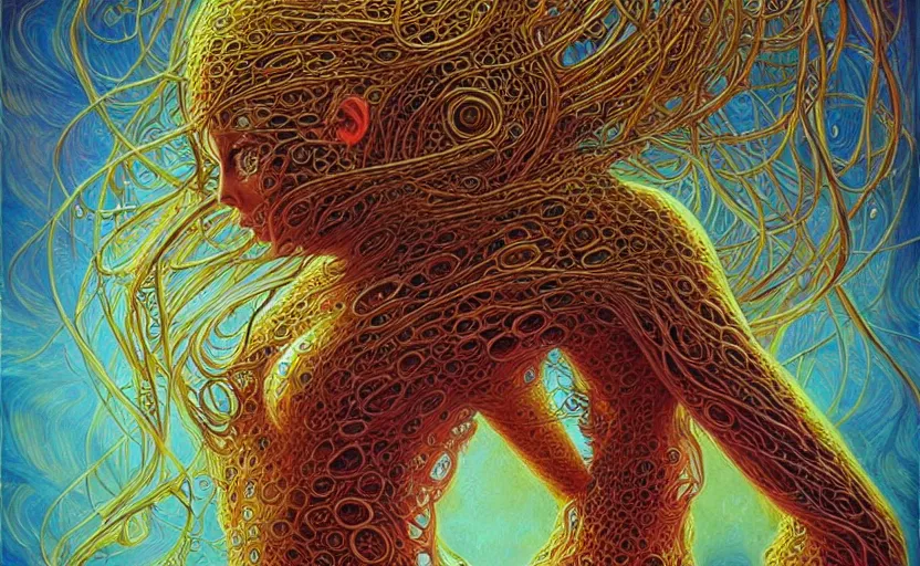 Image similar to beautiful psychedelic goddess enrobed in tentacles in the style of peter gric