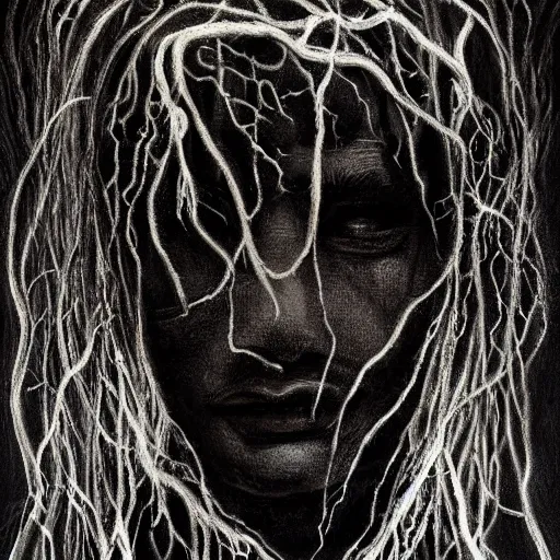 Image similar to award - winning painting of person infested with pitch black, tar - like, shadow roots with lots of tendrils on the skin, black veins, intricate detail, deep black roots, infestation, shadowy, lovecraftian, beksinksi, black and white, chiaroscuro, portrait painting