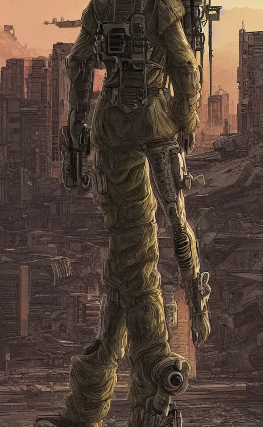 Image similar to a cyberpunk soldier with tactical gear and a rifle patrols a Japanese city on mars, Industrial Scifi, detailed illustration, character portrait, by Martin Grip and Moebius