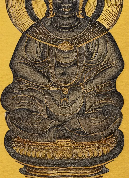Image similar to detailed illustration of an anthropomorphic asian black bear Buddhist bodhisattva, seated in royal ease, 0.1 black micron pen, gilded gold halo behind head, highly detailed, fine pen work, religious iconography,