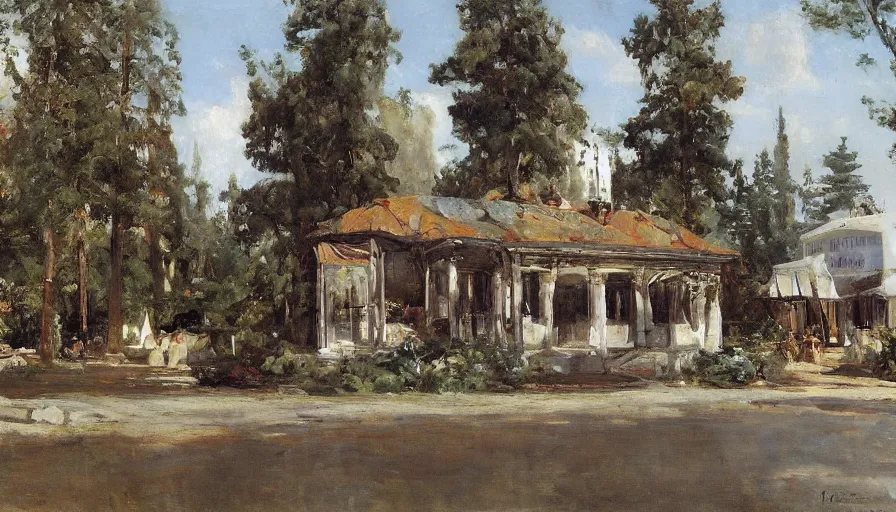 Prompt: artwork painting of the storefront building by eugene von guerard, ivan shishkin, john singer sargent