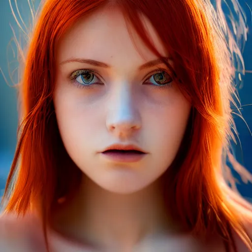 Image similar to portrait of the young lady with red hair, yellow circle pupils, soft skin, front view, 8k, highly detailed, photography