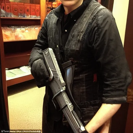 Prompt: This is one of the best Vampires-Holding-Guns I've ever met in the backrooms of Starbucks