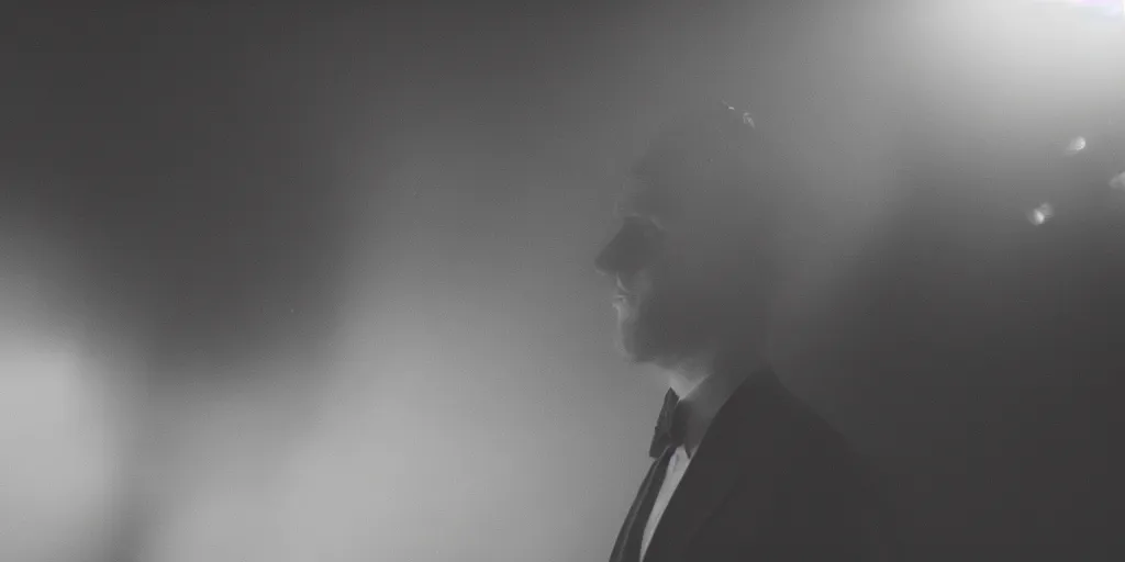 Image similar to a man wearing a dark suit, cinematic, 8 5 mm anamorphic lens, atmospheric, hazy, lights in the distance, depth of field