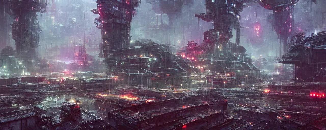 Image similar to ” industrial alien landscape, [ rain, city, cinematic, detailed, epic, widescreen, opening, establishing, mattepainting, photorealistic, realistic textures, octane render, art by slop and paul lehr ] ”