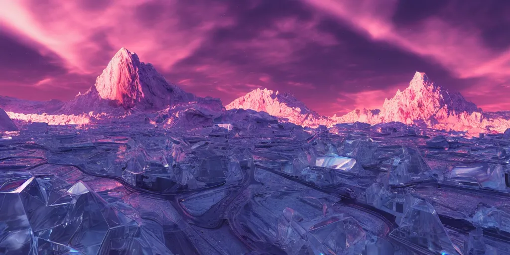 Image similar to futuristic reflective ice city, sunset glowing off a mountain in background, busy waves, ray tracing, refractive, planet in the sky, award winning, trending on artstation, digital art. highly detailed 8 k. intricate. lifelike. soft light. nikon d 8 5 0.