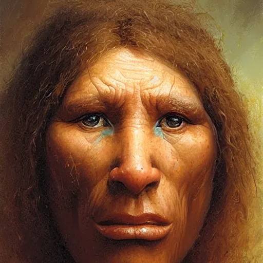 Image similar to portrait of a neanderthal woman ( 3 5 ) from spain, 5 0, 0 0 0 bce, an oil painting by ross tran and thomas kincade