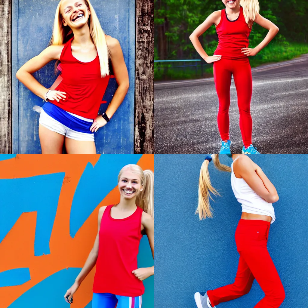 Prompt: digital art, a short athletic blonde girl, ponytails, happy and spirited expression, medium shot, red tank top and roomy blue pants